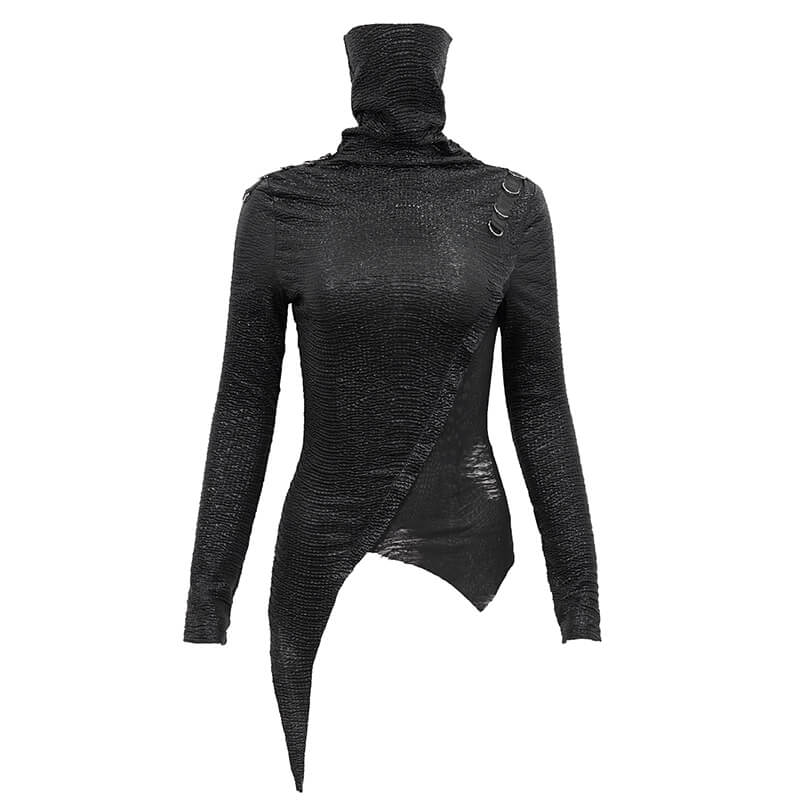 Punk style women's black top with high collar and asymmetrical cut, featuring a breathing mask insert for a stylish look.